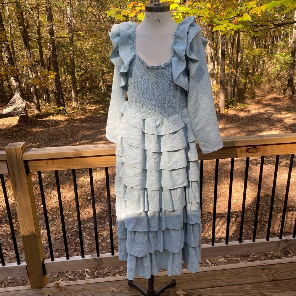 JESSAKAE Whimsy dress seafoam Size Large Bow Front Ruffles Modest Cottagecore